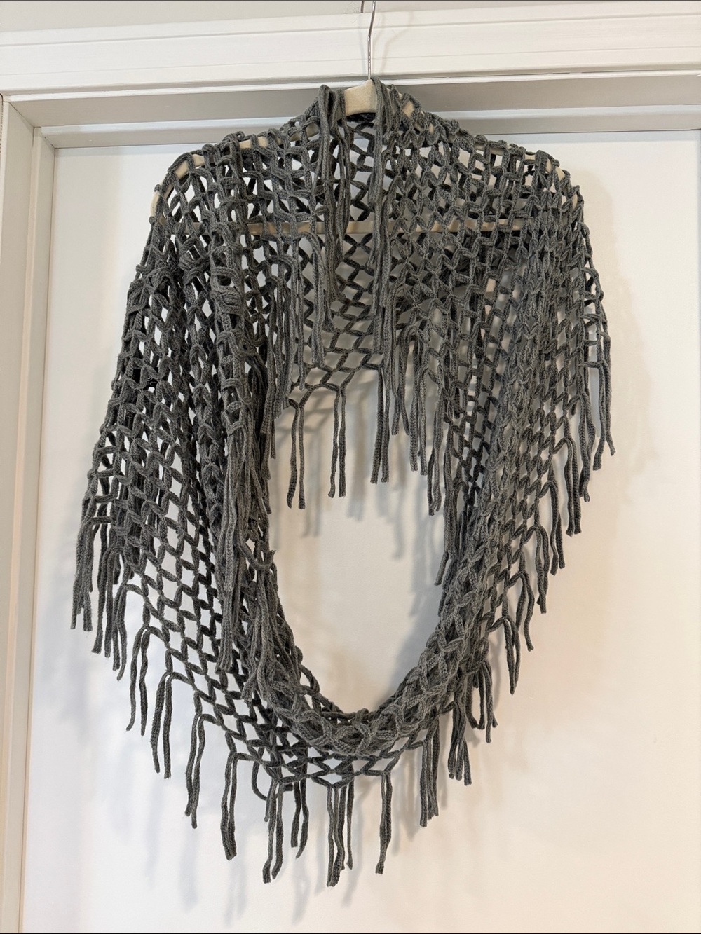 Gray Open Knit Fringe Shawl/Infinity Scarf - Women Accessories